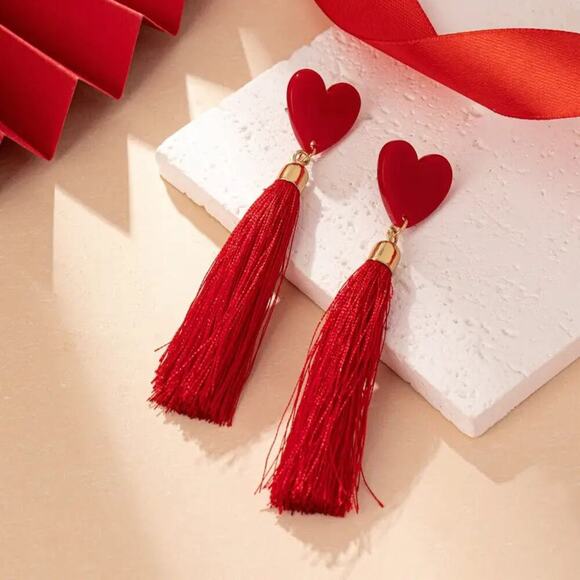 NEW Red Heart Studs with Long Red Tassels Earrings – BOHO Tassel Jewelry - Picture 1 of 4